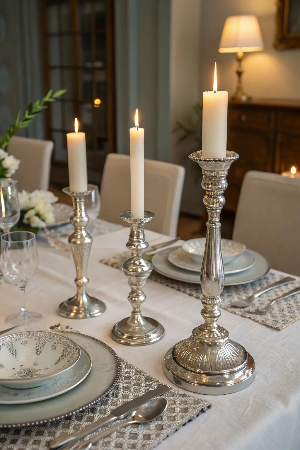 Fashion a warm ambiance utilizing silver taper holders and ivory wax tapers.
