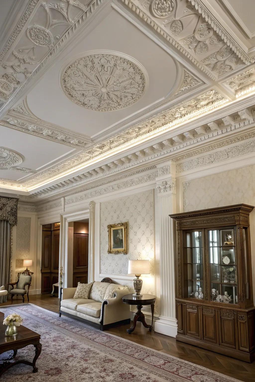A classy room where a white ceiling is used to highlight beautiful architectural details.