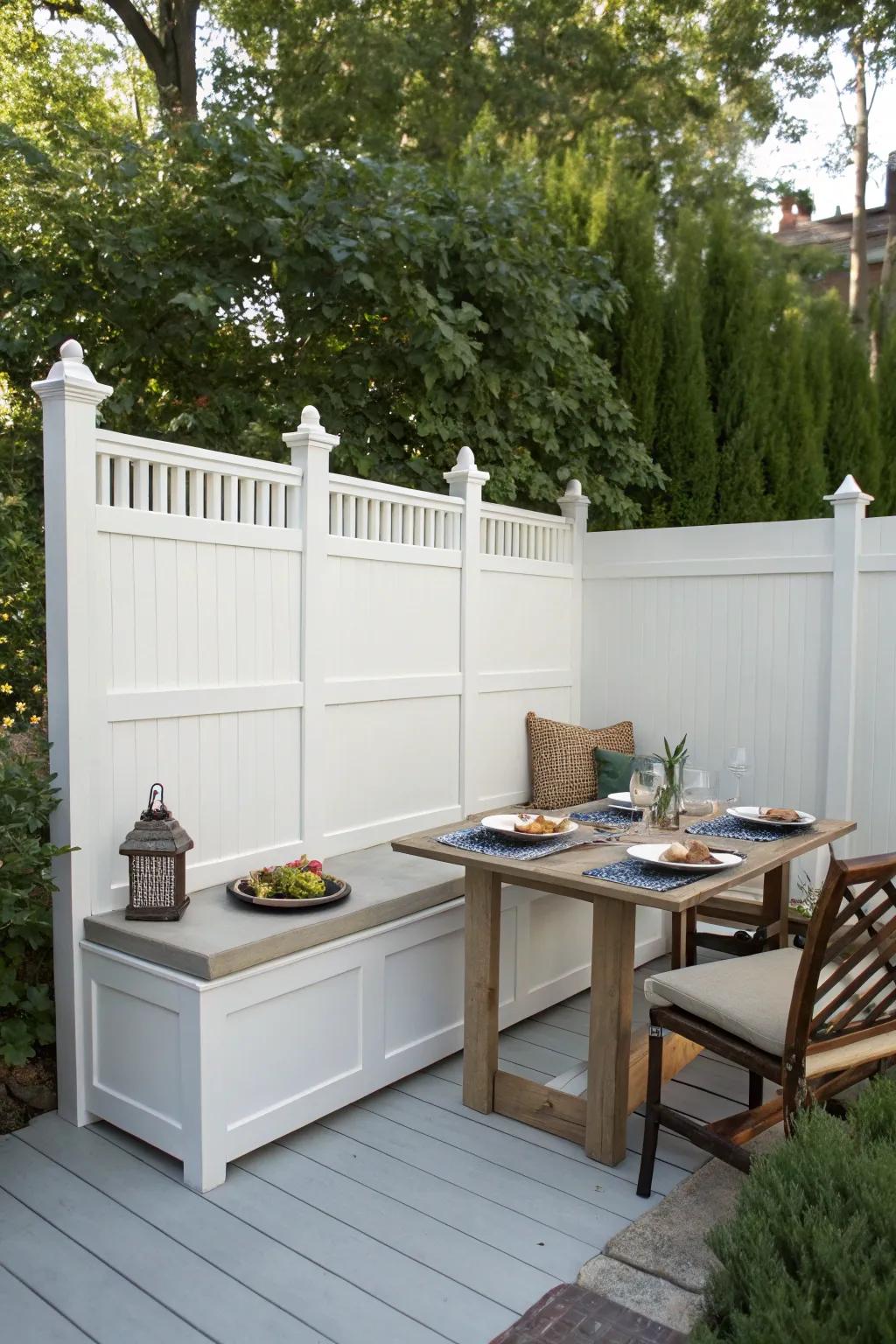 Integrated seating transmutes a white privacy fence into a multifaceted domain.