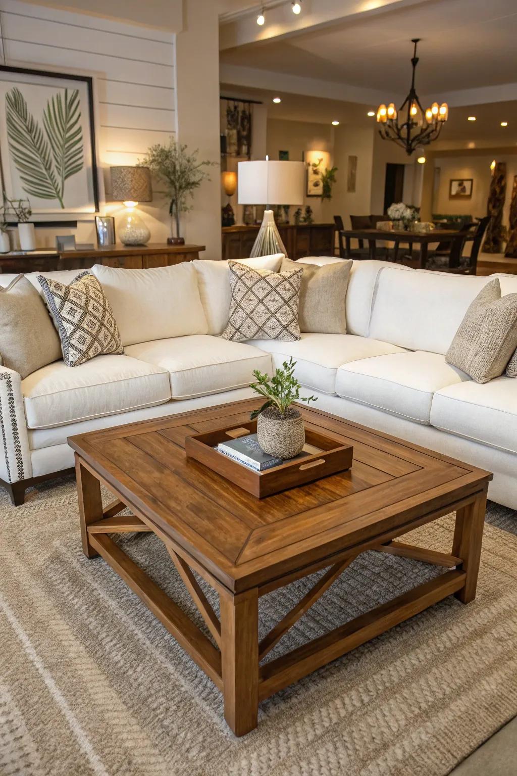 A timber center table bestows allure upon a living space showcasing a creamy white sectional.