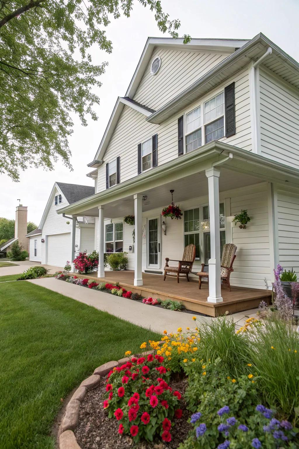 A welcoming veranda on a house with white vinyl siding.