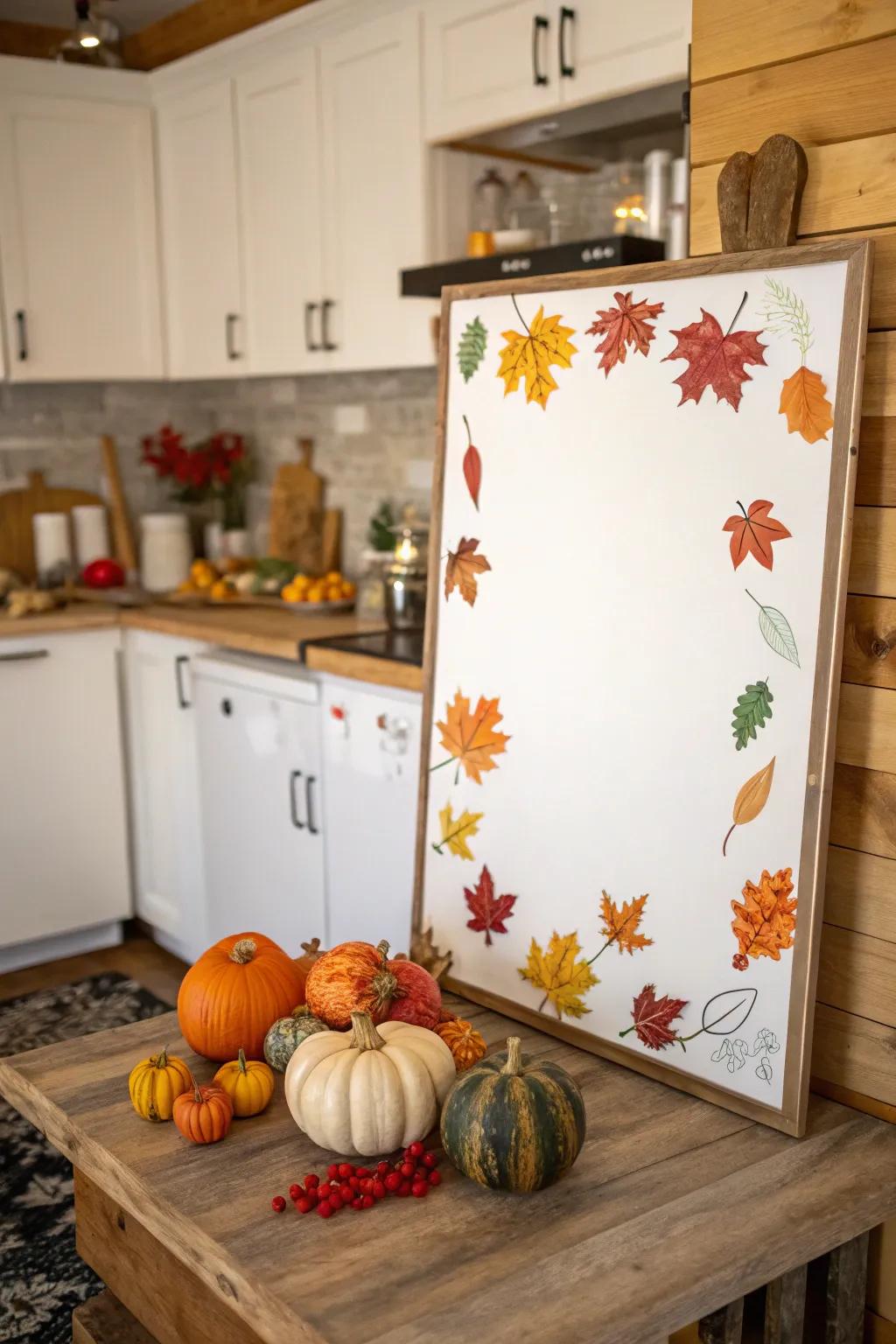 Holiday ornaments transform this whiteboard for autumn.