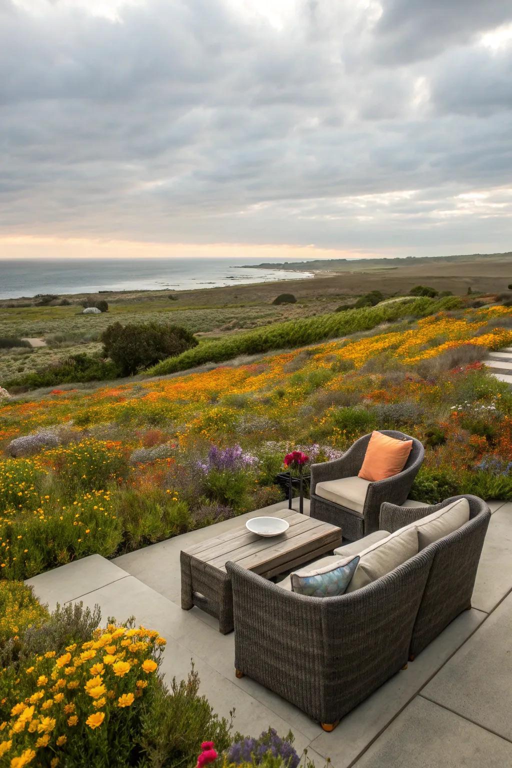 A scenic seating area presenting an awe-inspiring wildflower panorama.