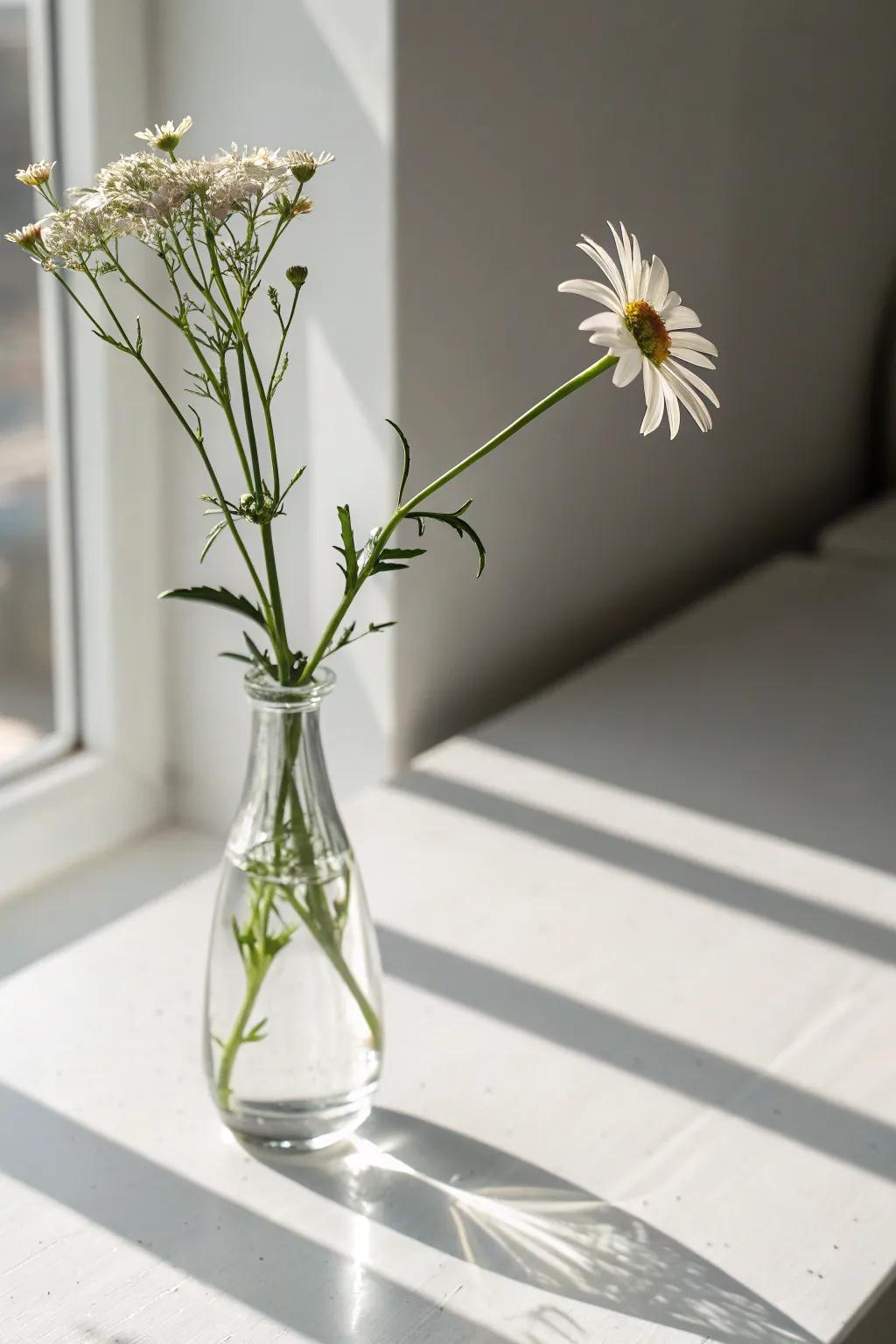 An individual wildflower stem within a slender vase renders a minimalist declaration.