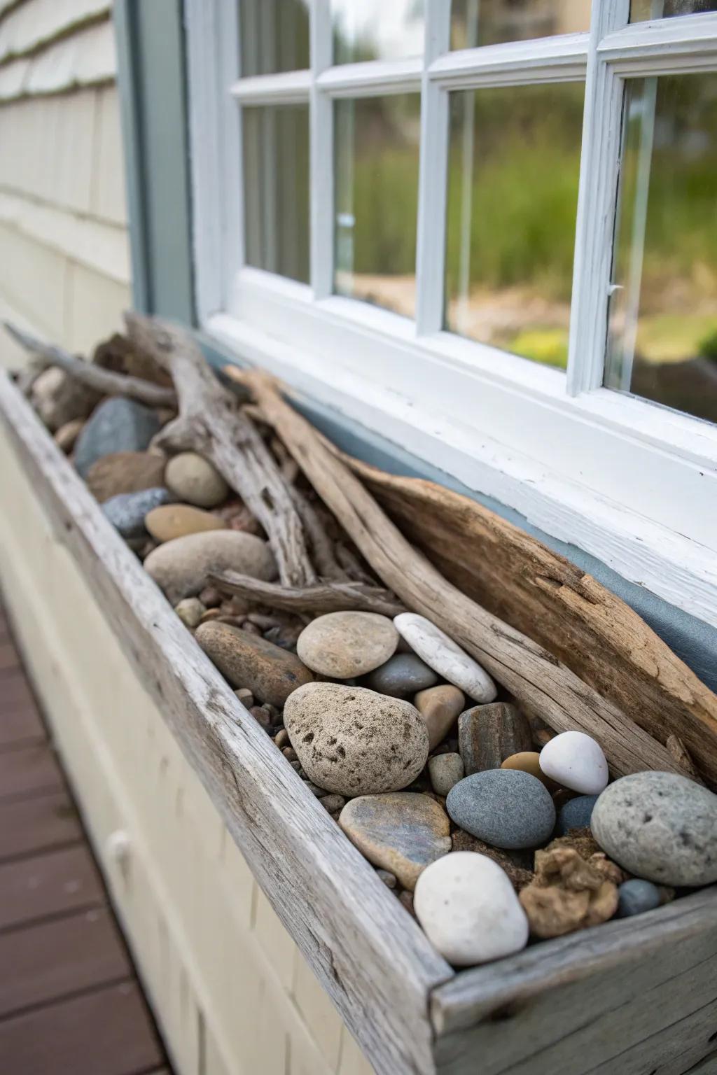 Showcasing nature's artistry with driftwood and stones elegantly arranged in a window box
