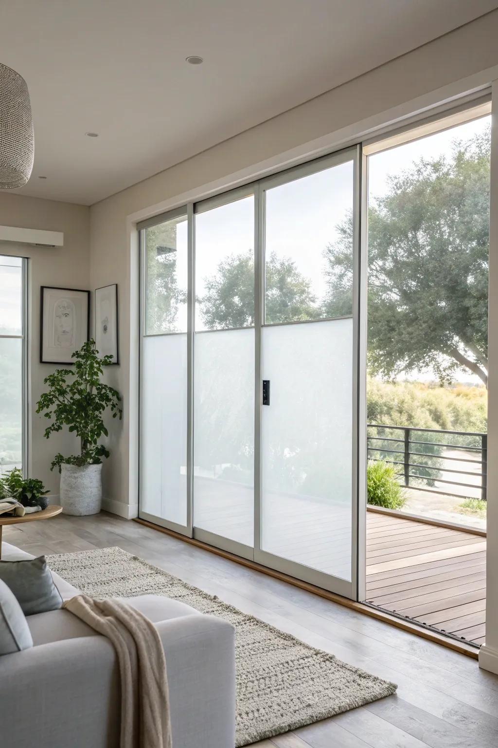 Obscured glass film offers a minimalist and private solution.