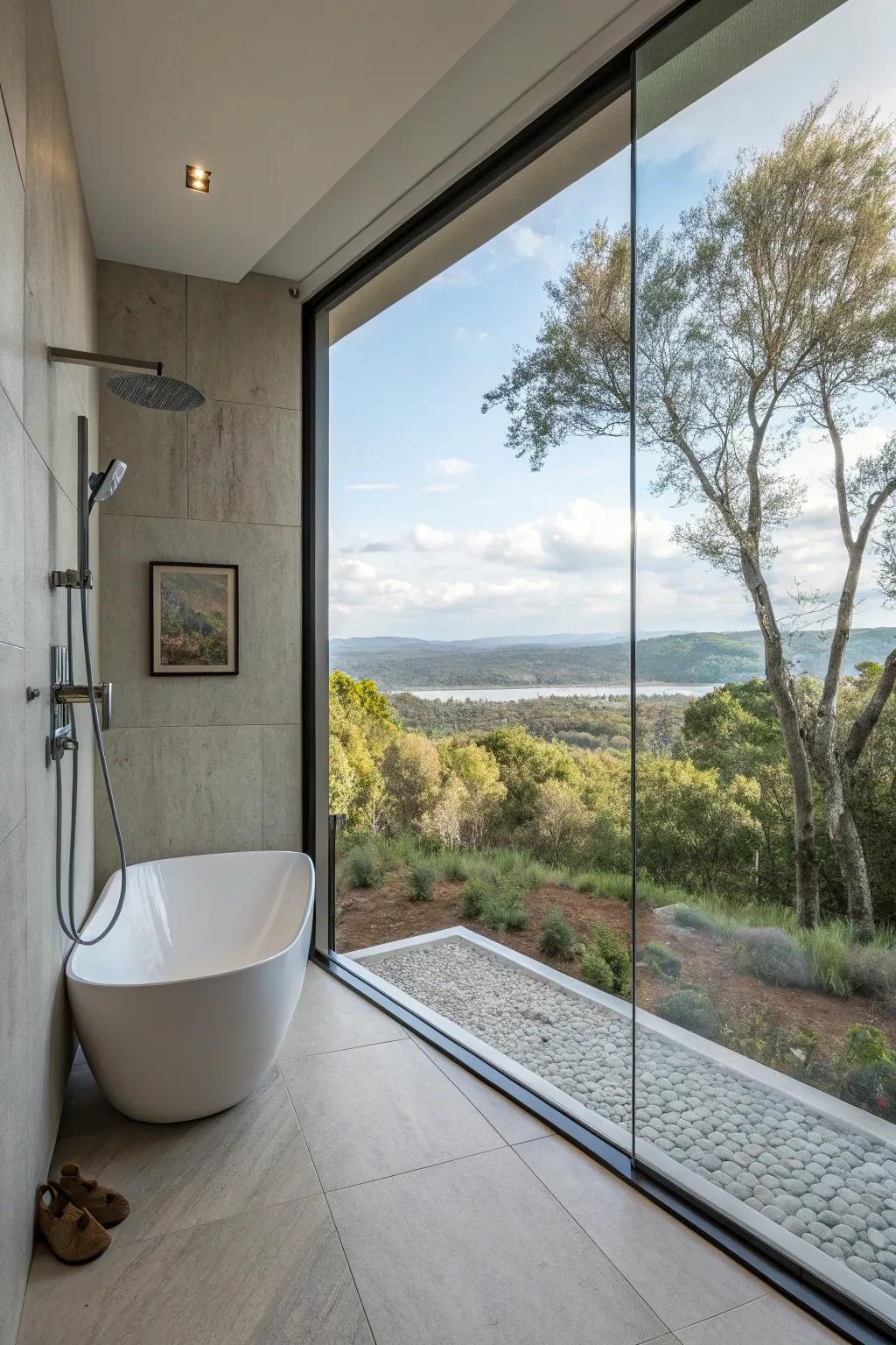 A view window grants an awe-inspiring scene from the shower.