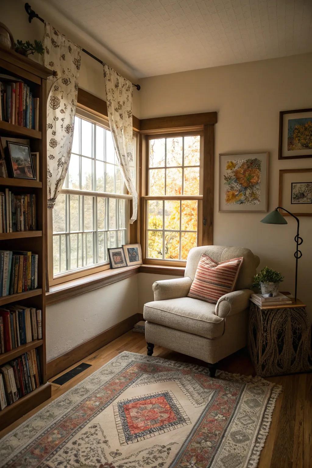 An individualized window nook showcasing artwork and a rug.