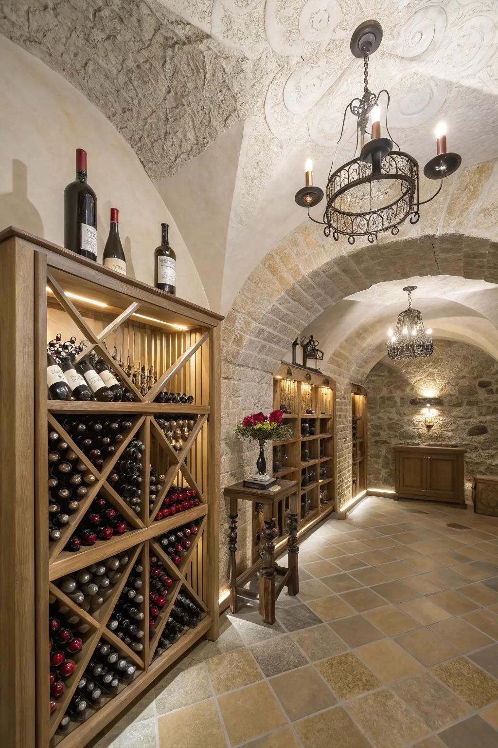 Wine cellar enhanced with artistic ornamentation components.