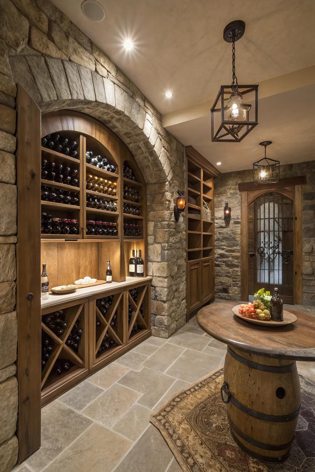 Stone and timber aspects enhanced by warm accent lighting.