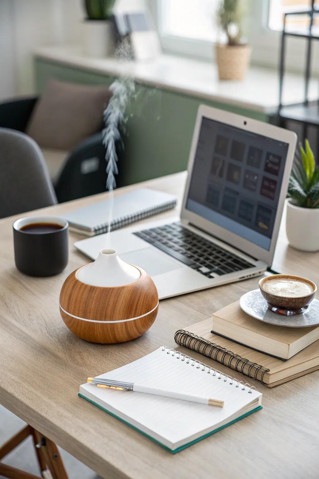 Scent diffusers fill the office with the comforting fragrances of the season.