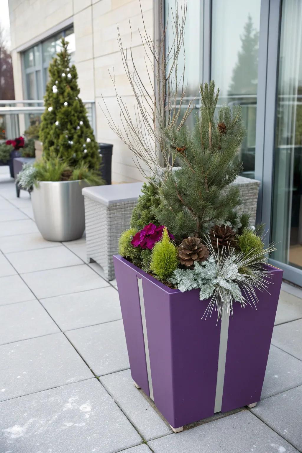 Unexpected colors like purple and silver offer a fresh take on winter planters.