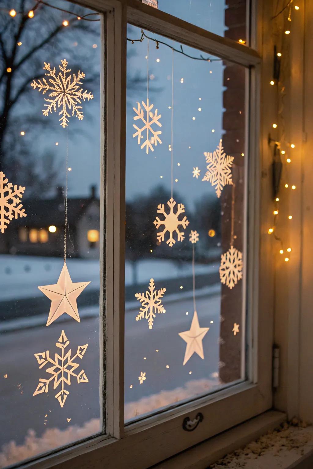 Delicate snow gems and starbursts create a serene winter atmosphere.
