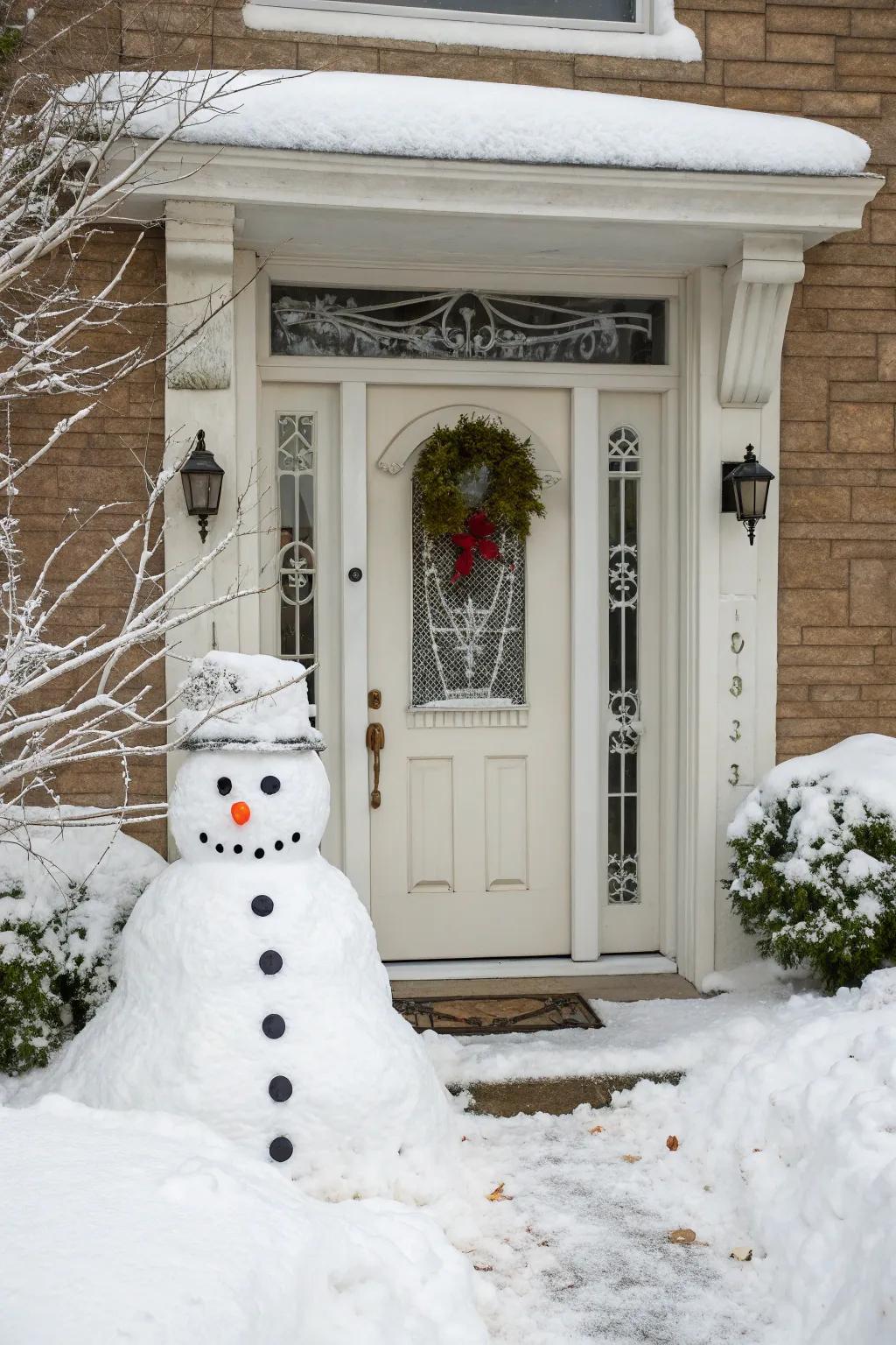 A snowman door wrap incorporates a quirky element.