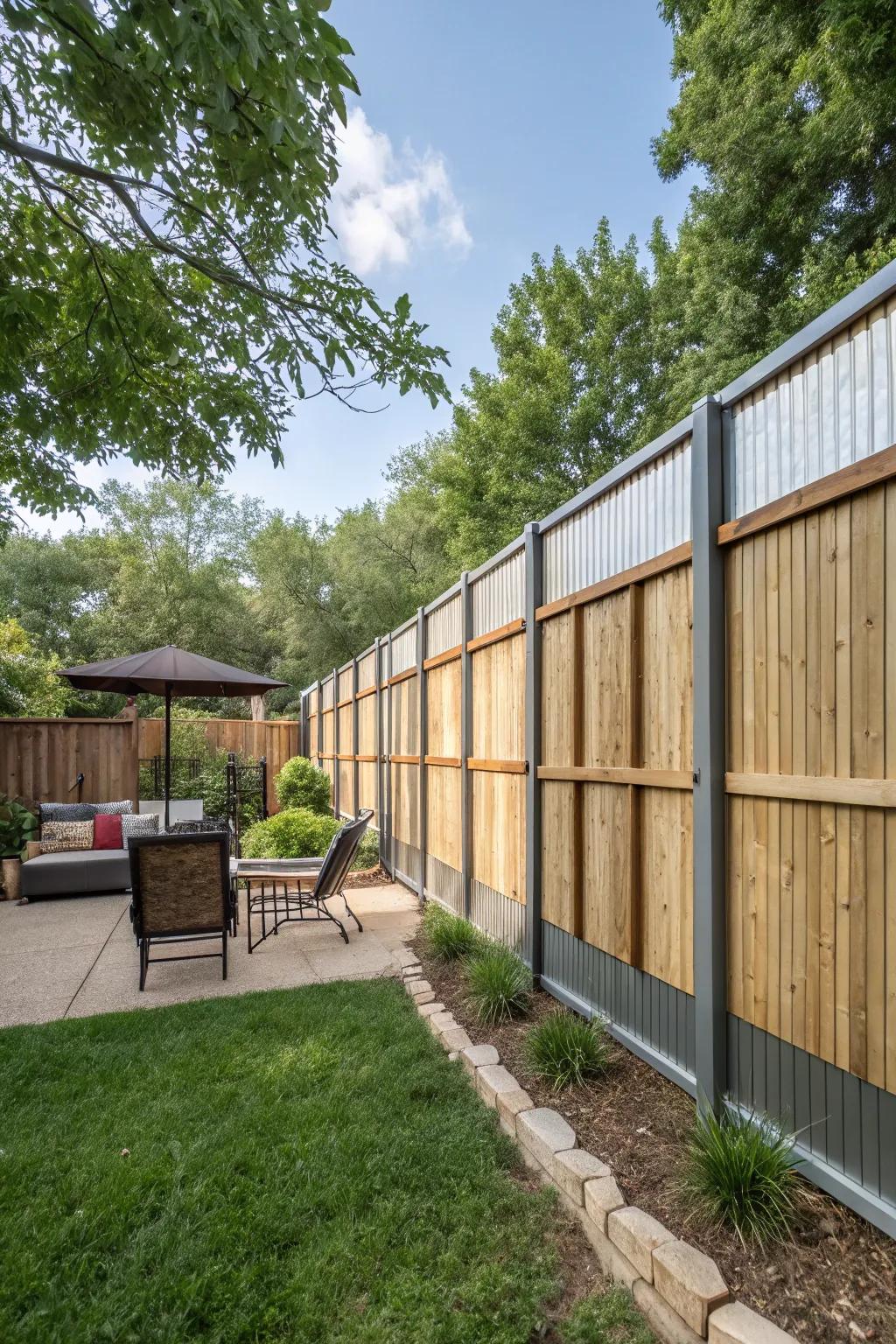 A privacy fence featuring a creative variation of alternating lumber and steel boards.