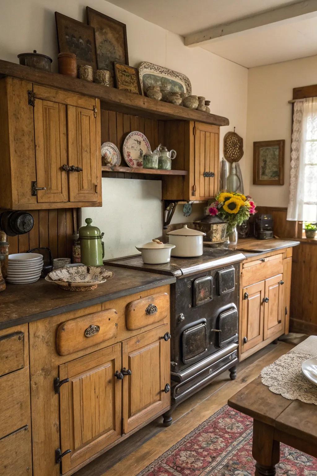A vintage wood finish contributing past and appeal to the cooking area.