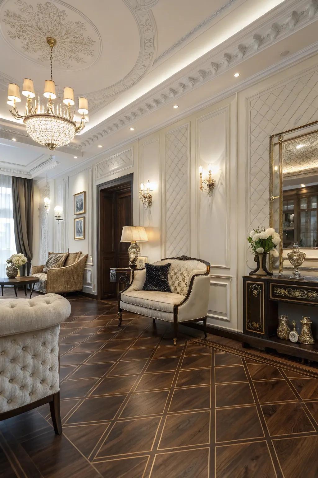Refined interior showcasing sumptuous black walnut flooring.