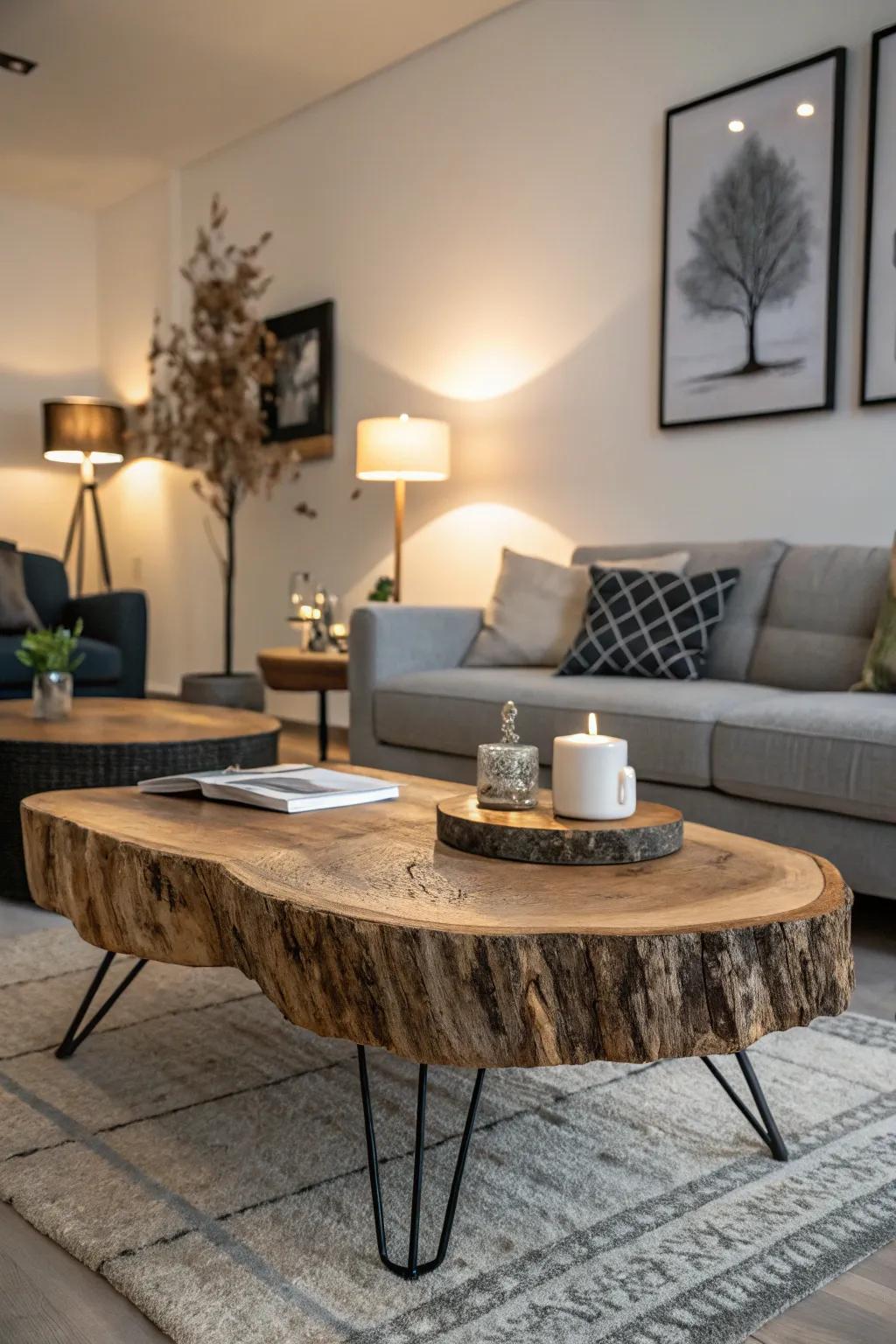 Unique live edge coffee table as a living room centerpiece