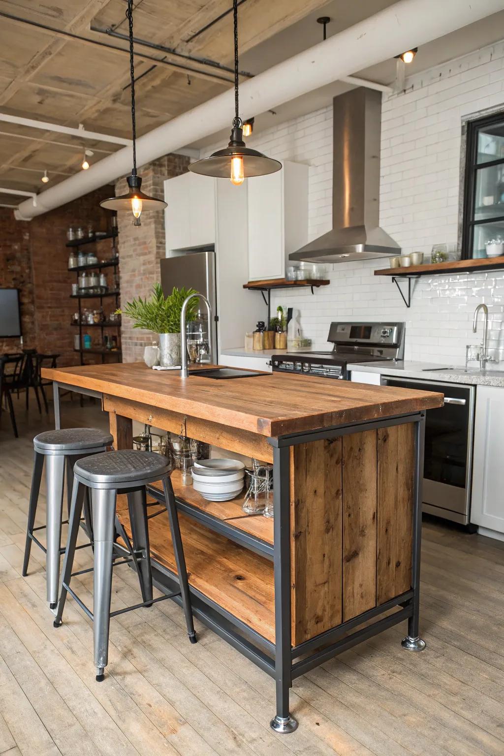 This wood and metal island has a chic industrial style.
