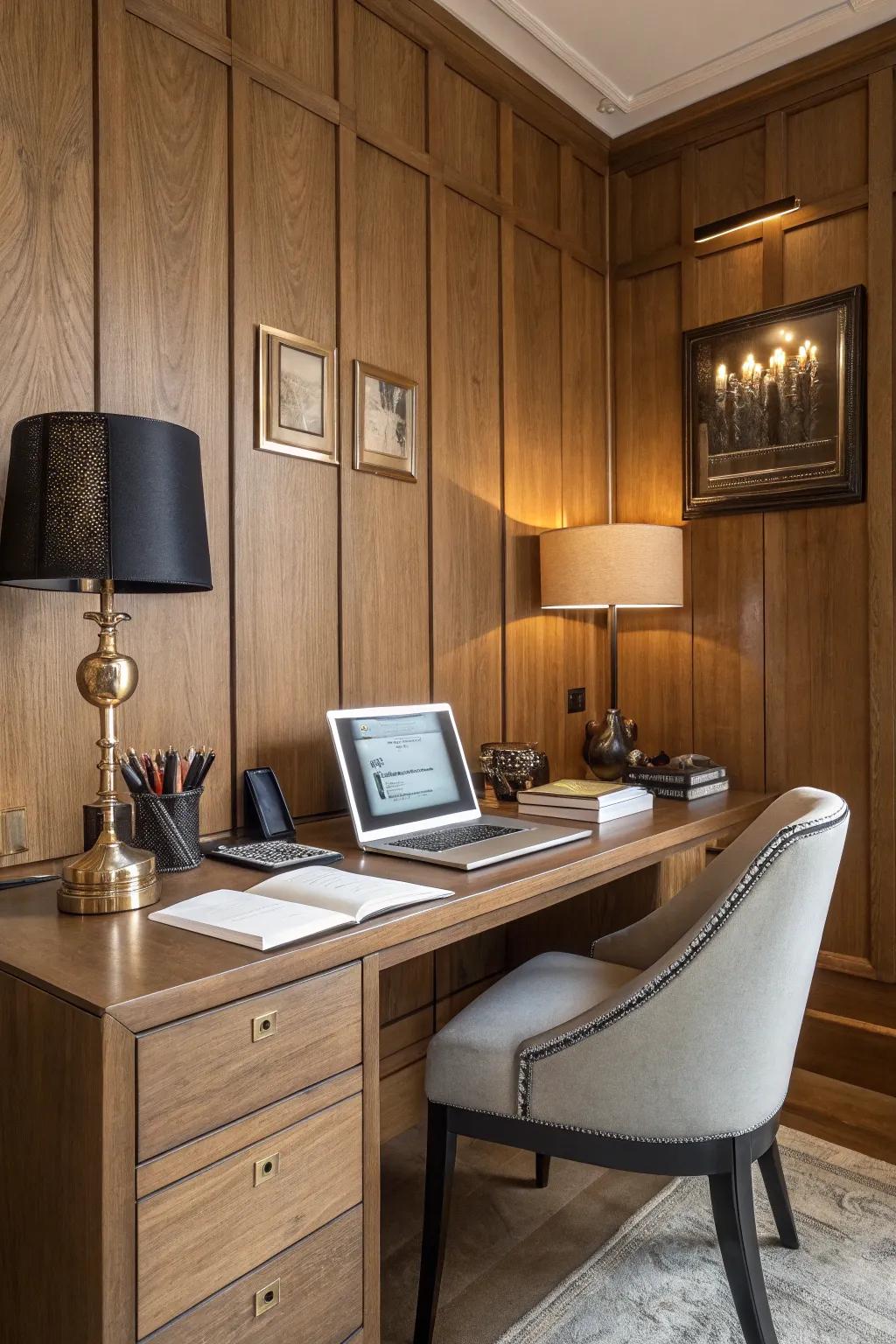 Wood layering contributes sophistication to home offices.