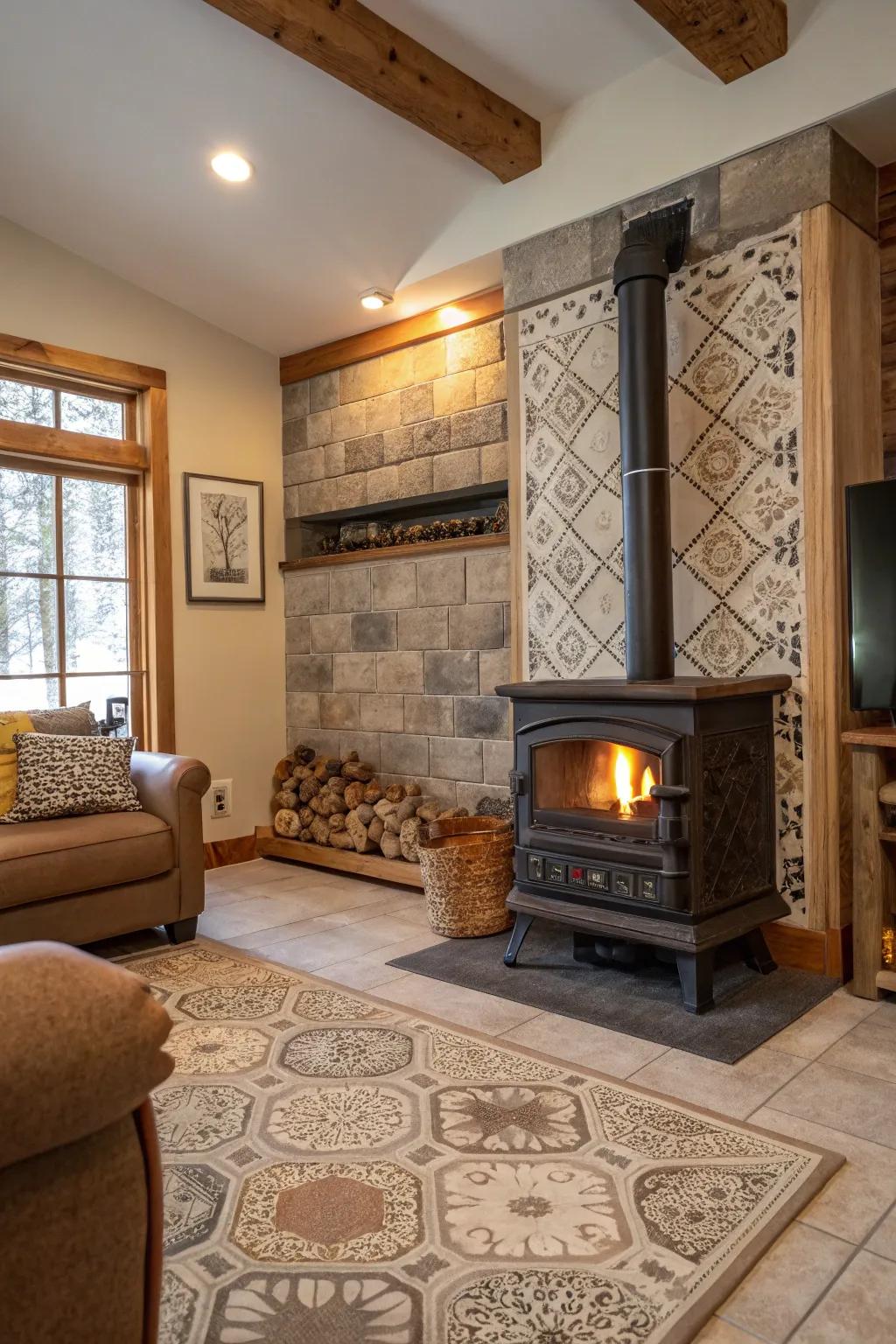 Combining tile textures and designs delivers a distinctive and personalized wood burner surround.