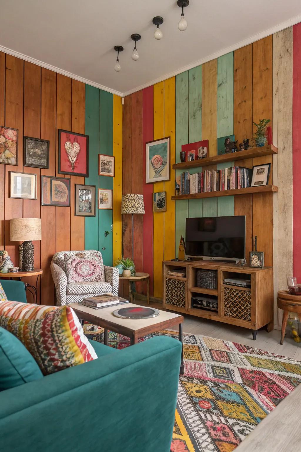 A lively living room with colorful wood paneling.