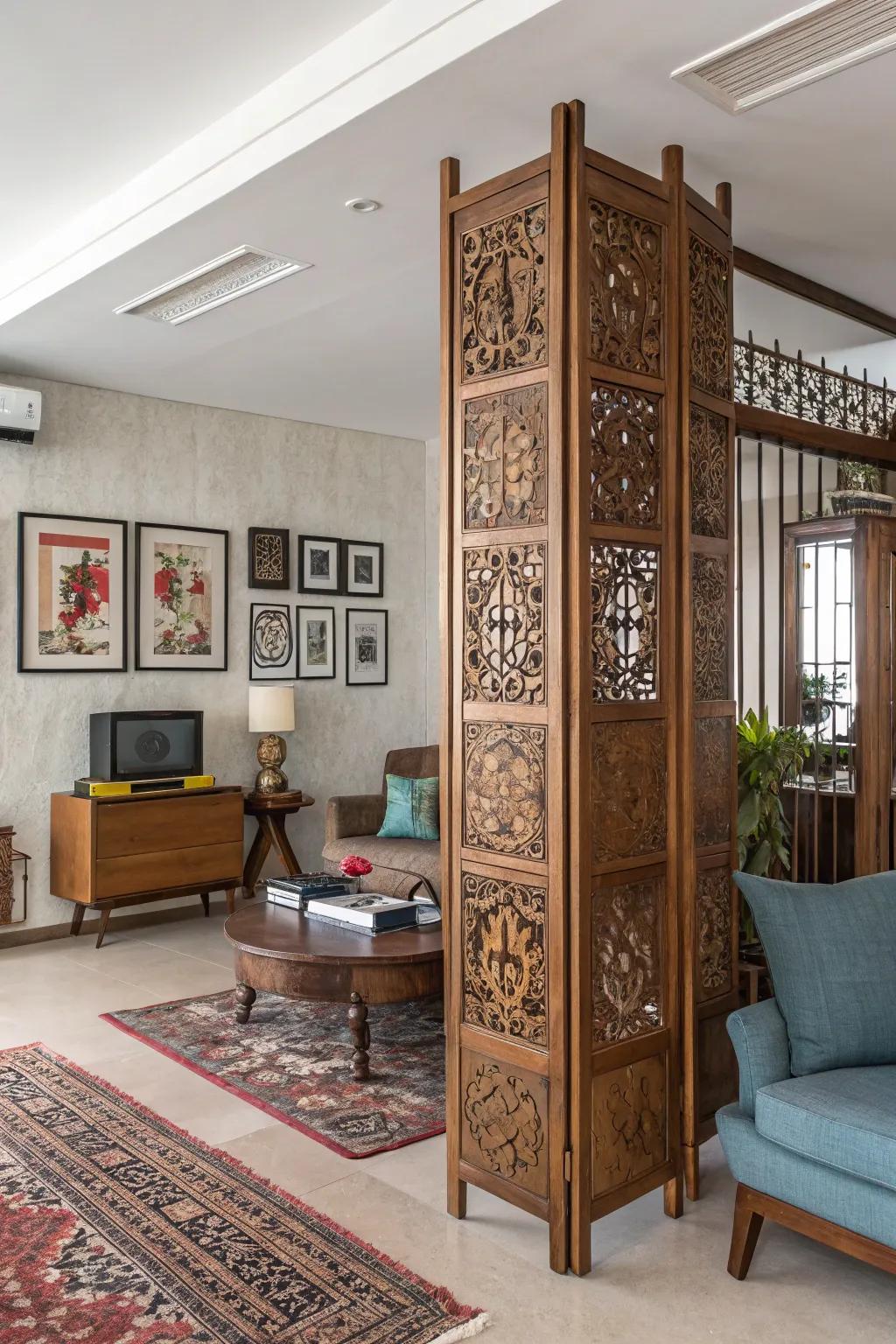 The fusion of modern and traditional styles crafts a unique ambiance in this living room.