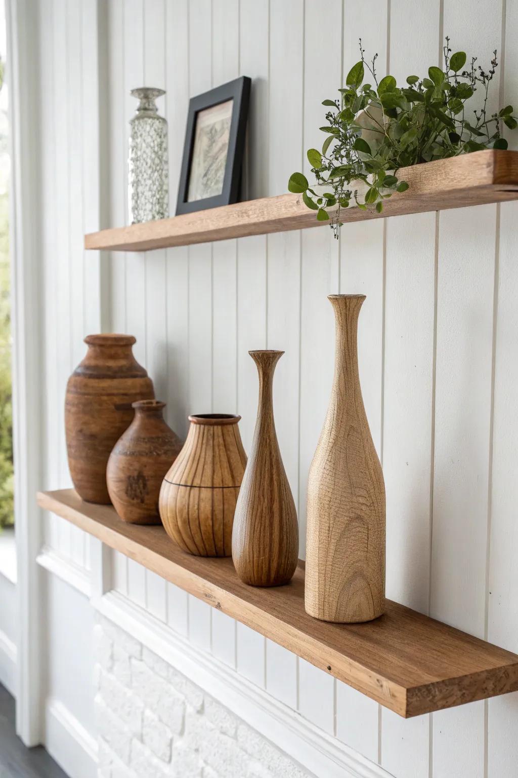 Forge a striking visual impression through the thoughtful arrangement of timber vases upon a floating display.