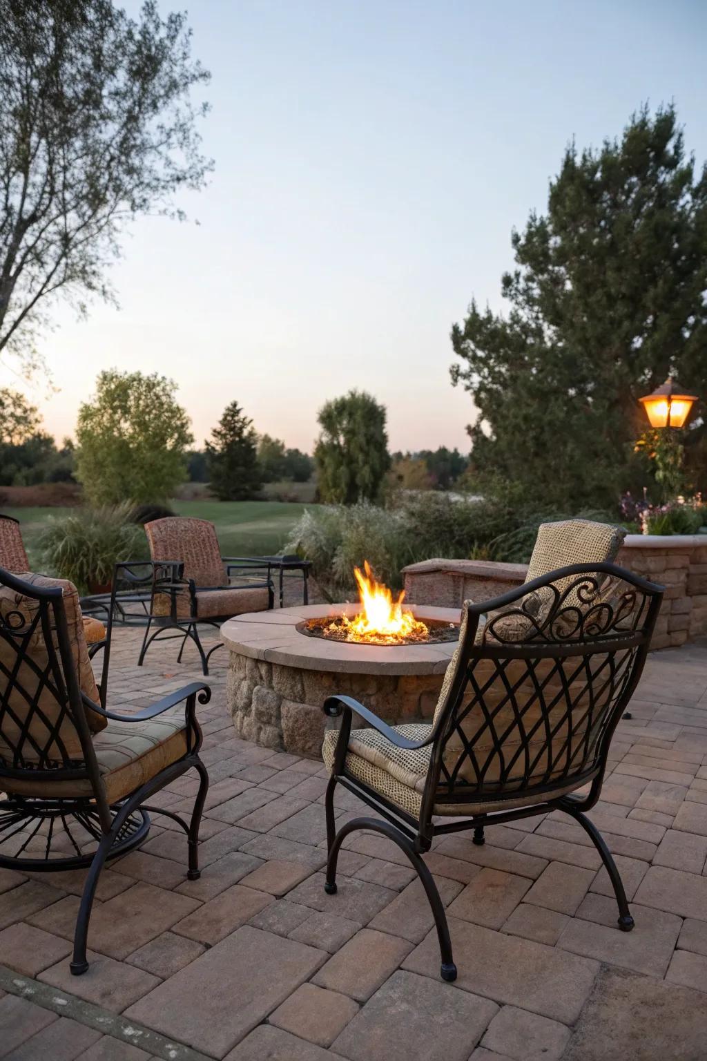 A hearth centerpiece surrounded by wrought iron seating entices cozy gatherings.