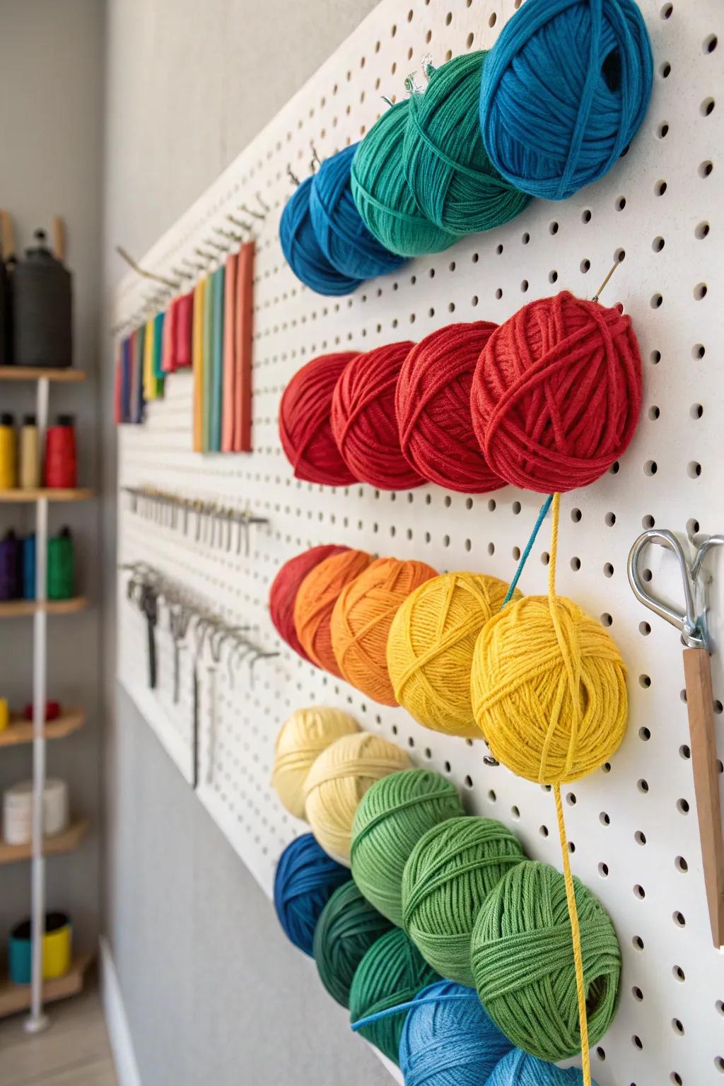 A pegboard wall transforms yarn into a vibrant art piece.