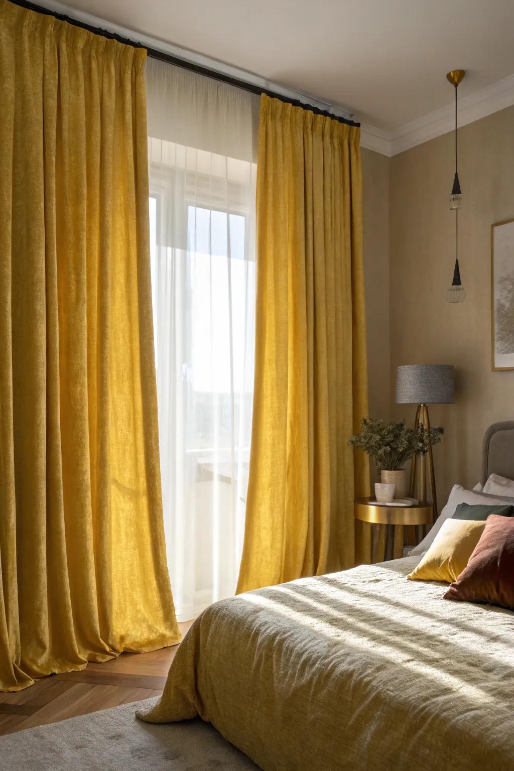 Textured gold drapes in velvet and linen bring depth and interest to the bedroom.