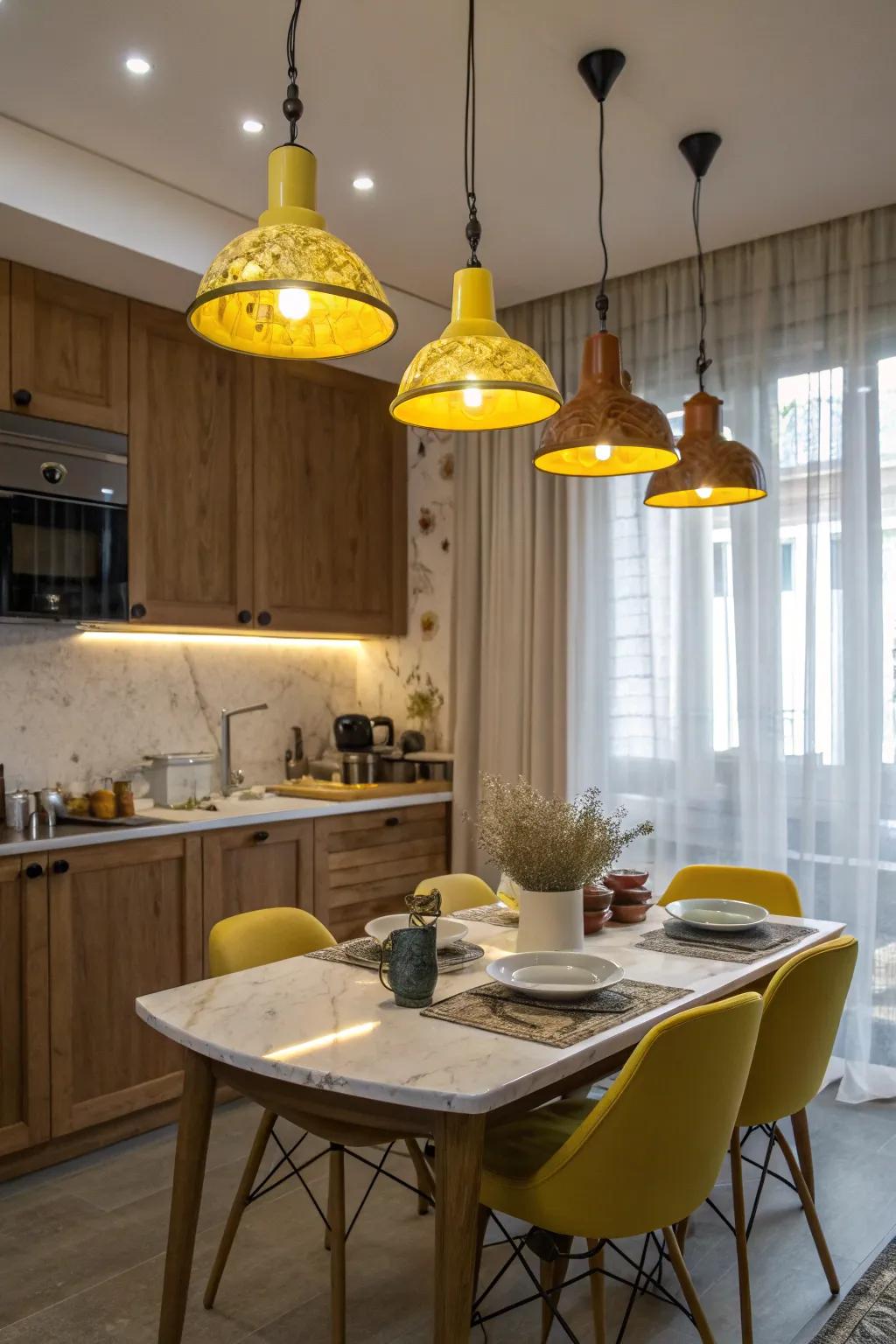 Amber pendant lamps enrich the kitchen area with warmth and elegance.