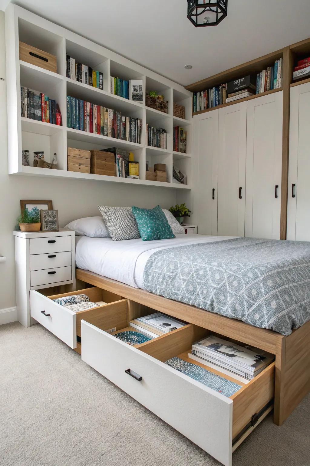 Clever storage solutions aid in maintaining an organized space.