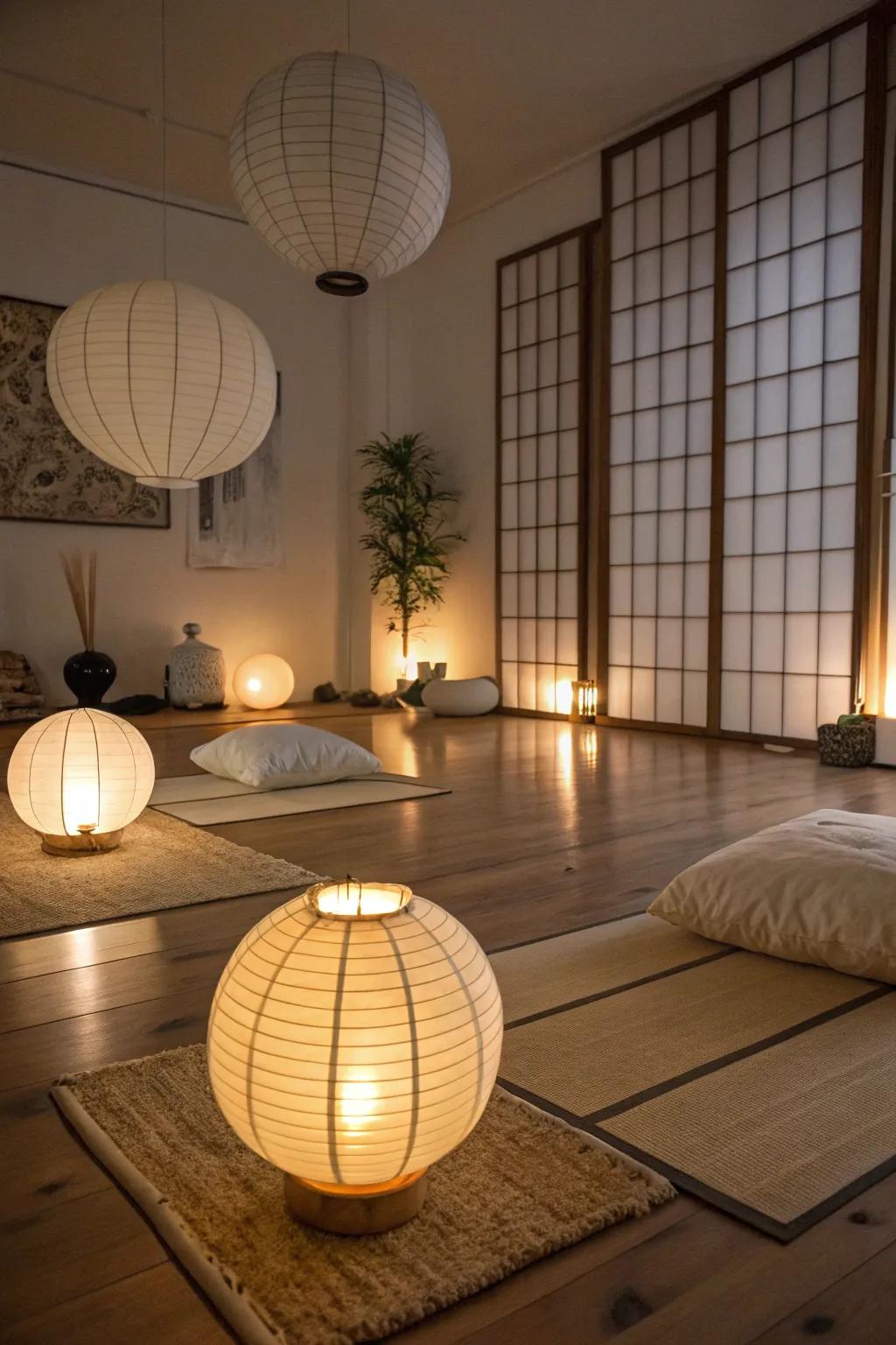 Soft lighting elevates the room's peaceful atmosphere.
