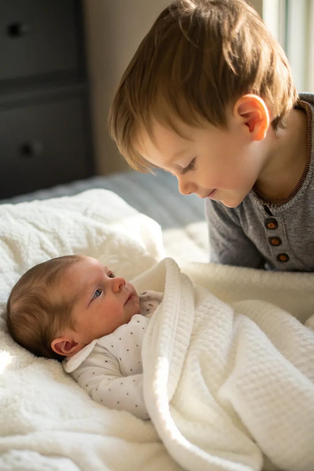 Affection between siblings captures the start of a lifelong bond.