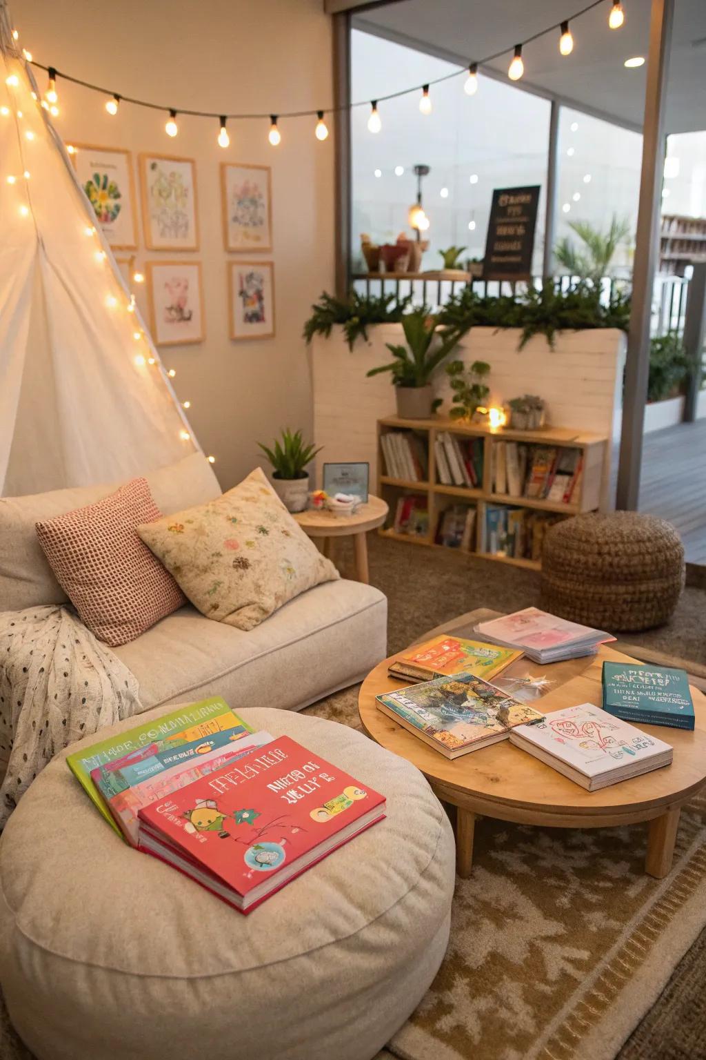 A narrative nook invites children to immerse themselves in their favorite stories.