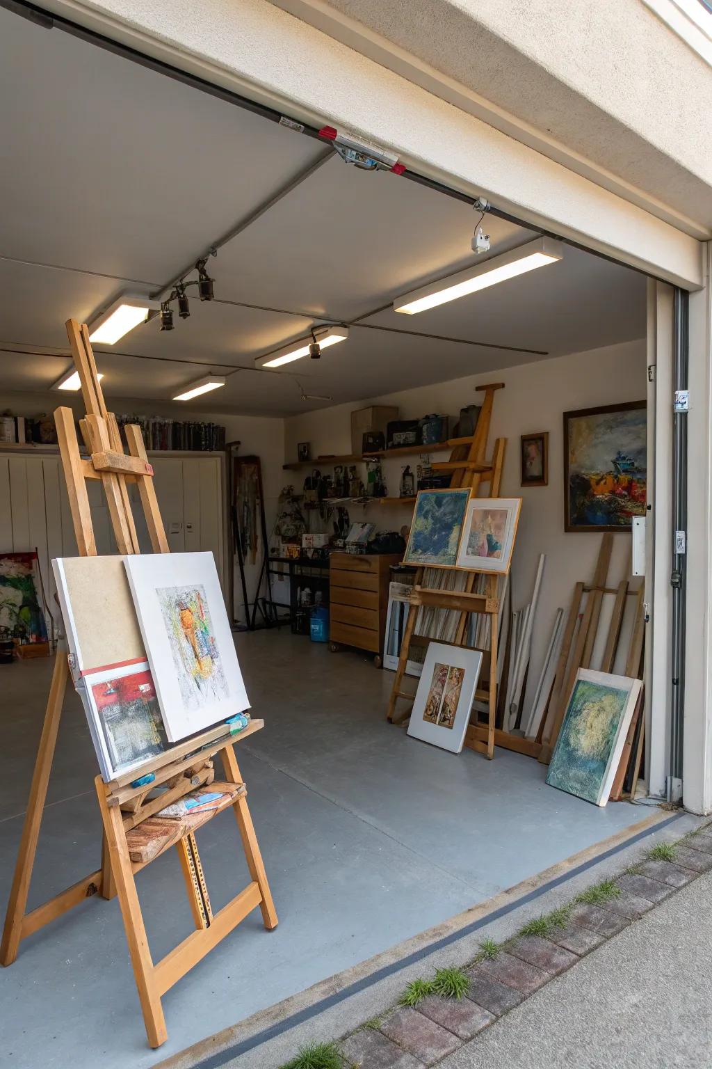 Unleash your artistic side in a garage transformed into a creative haven.