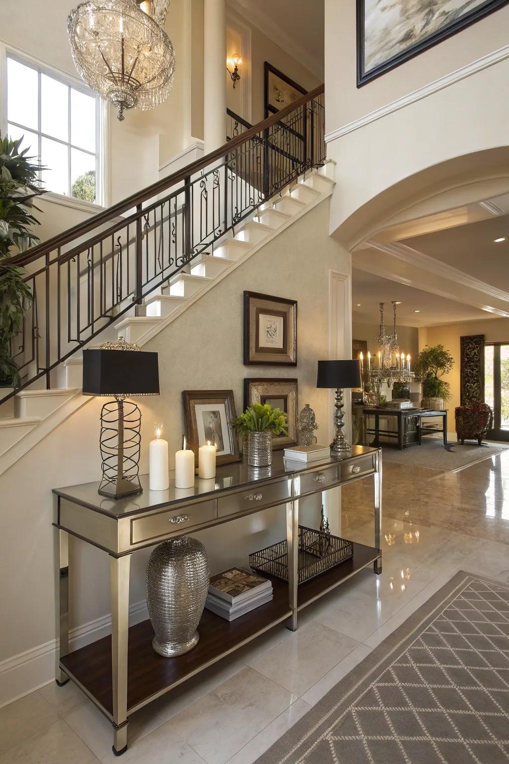 Practical furnishings such as a console introduce flair and utility.