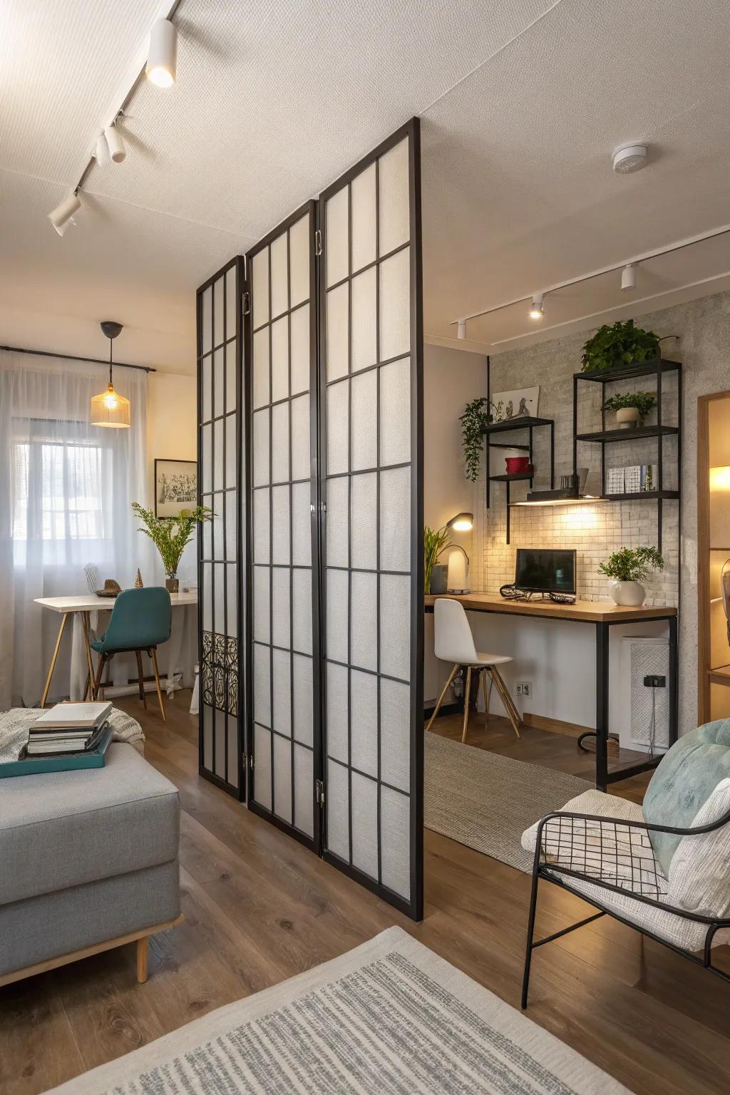 Without using permanent walls, portable partitions are used to define areas.