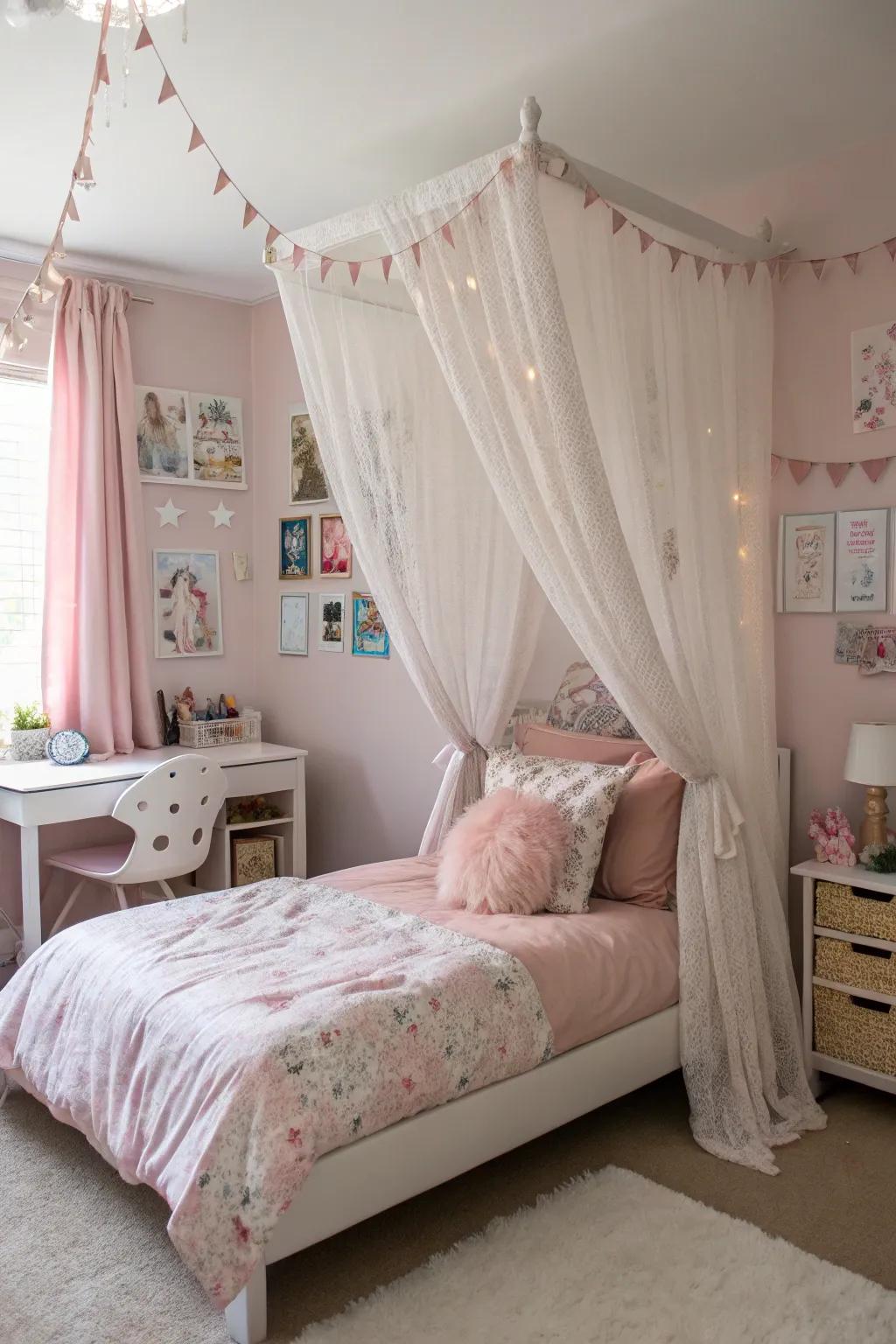 A draped bed infuses a hint of nobility into any girl's space.