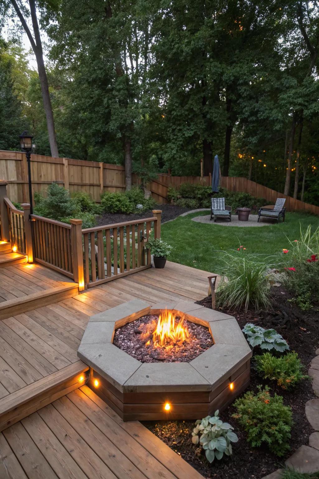 A snug deck equipped with a fire pit for warmth and gatherings.