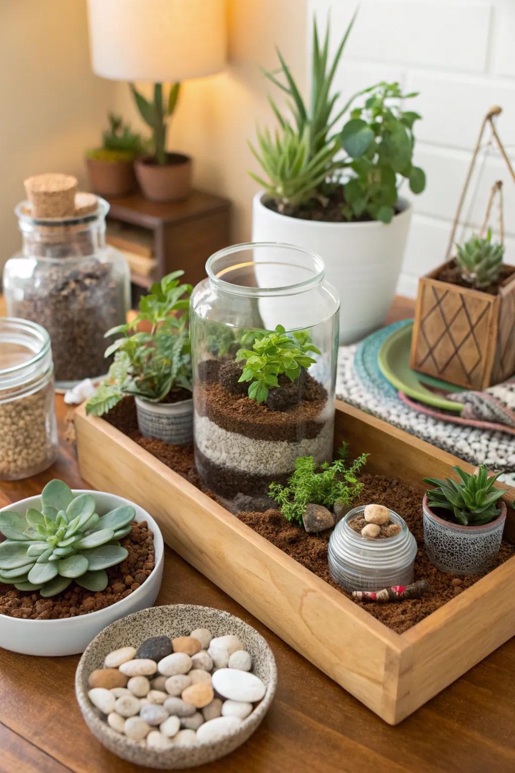 Participants construct miniature ecosystems at the independent terrarium station.
