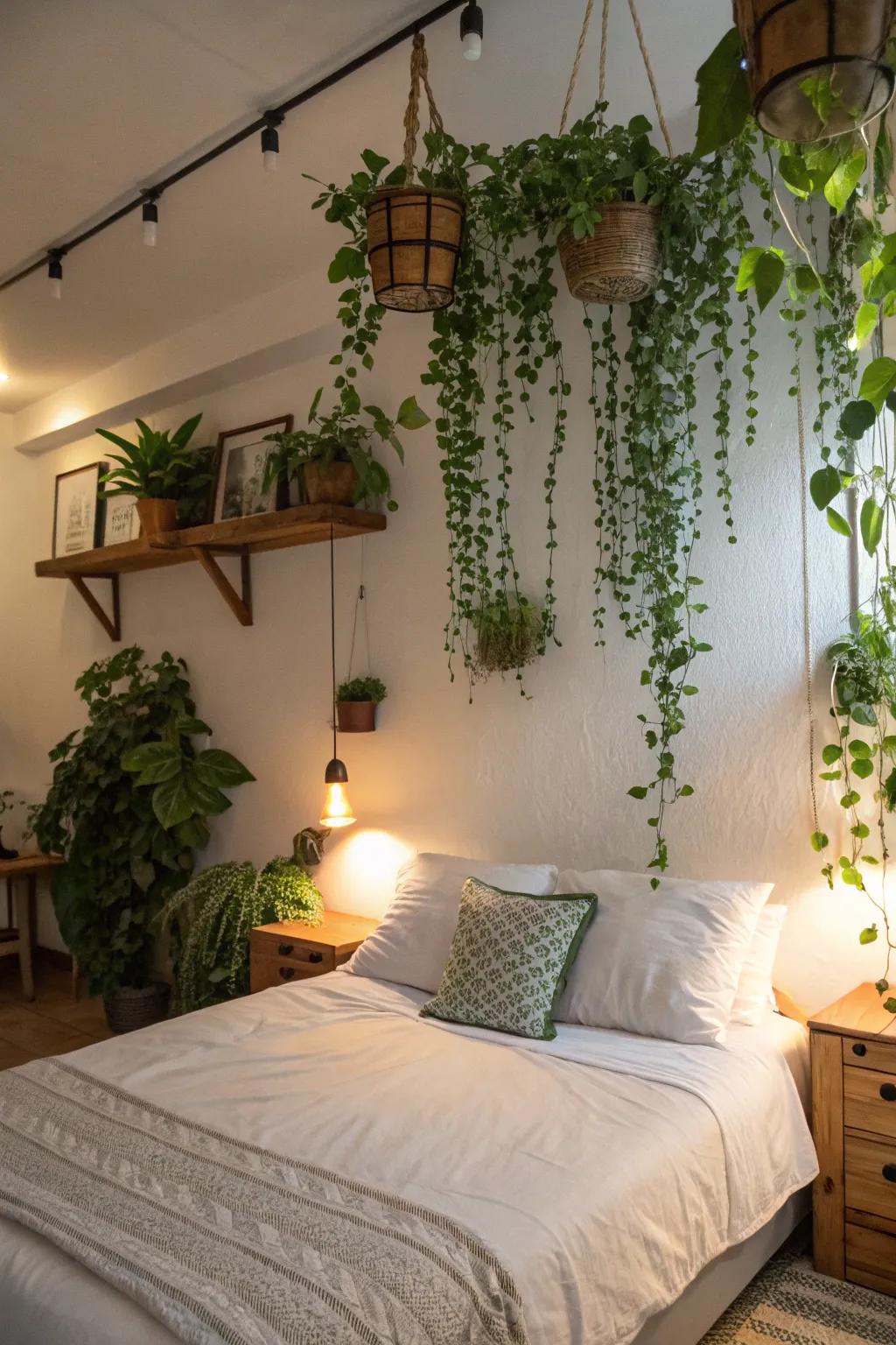 Nature is brought inside by plants over the bed.