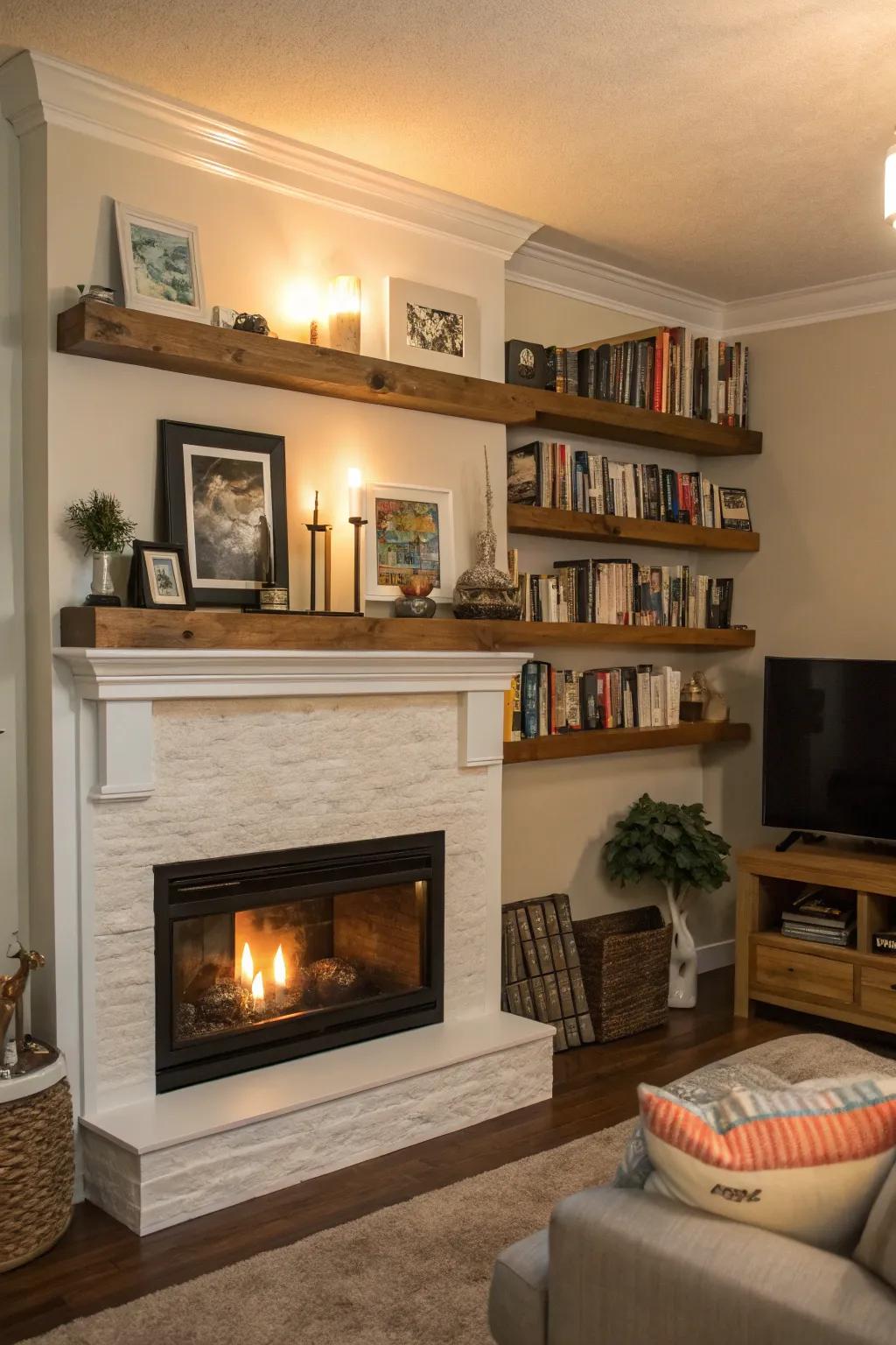 Floating shelves offer a flexible and personalized display above the fireplace.