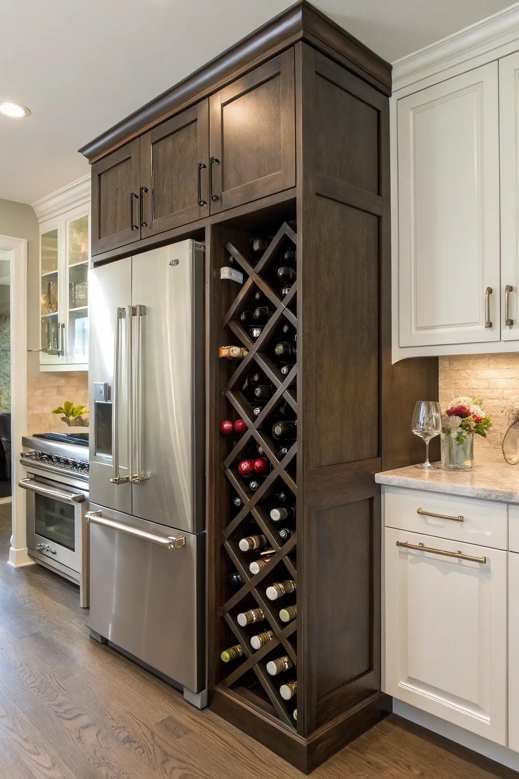 An integrated wine rack enhances both functionality and style.