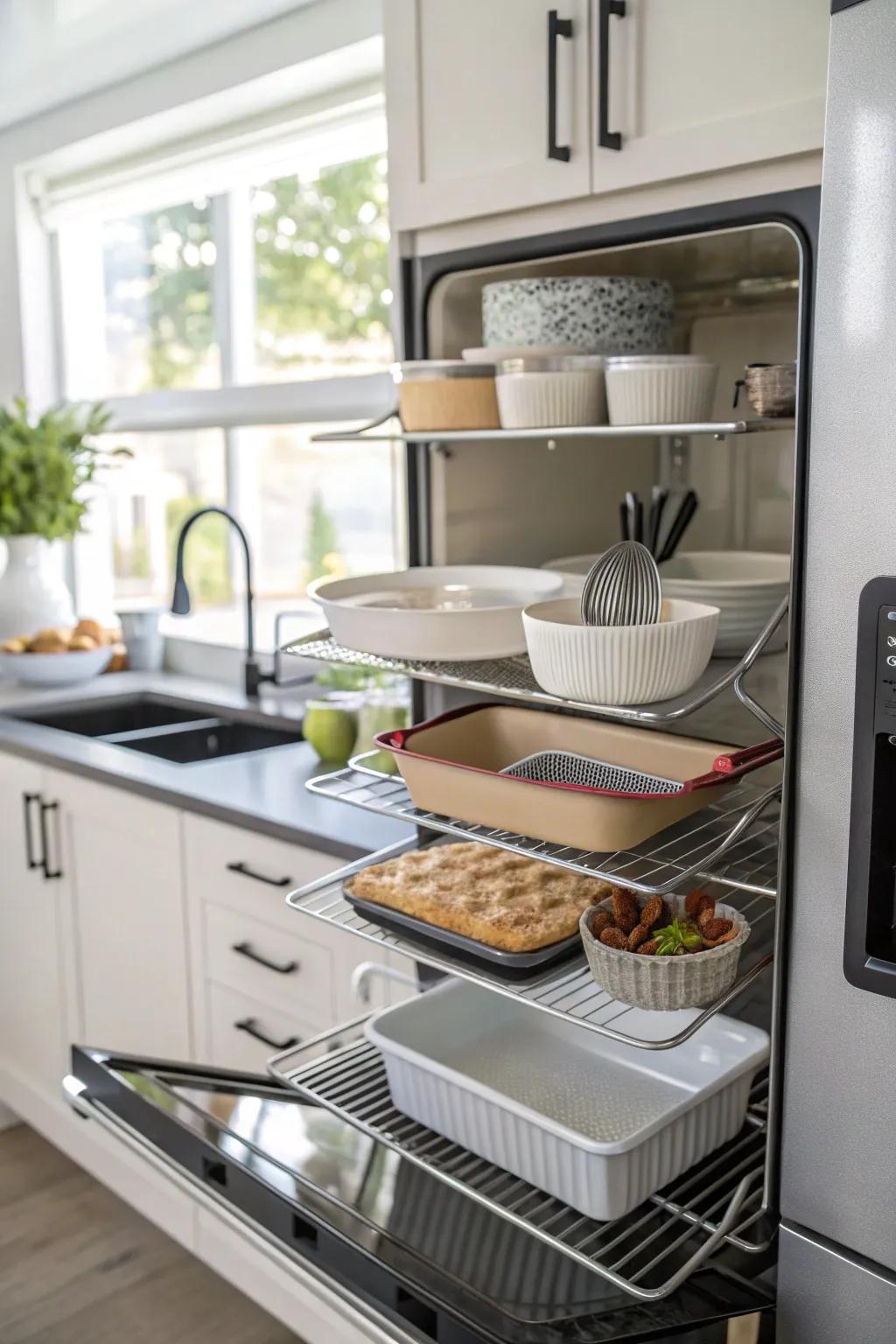 Appealing bakeware can be both, decor and storage above the fridge.