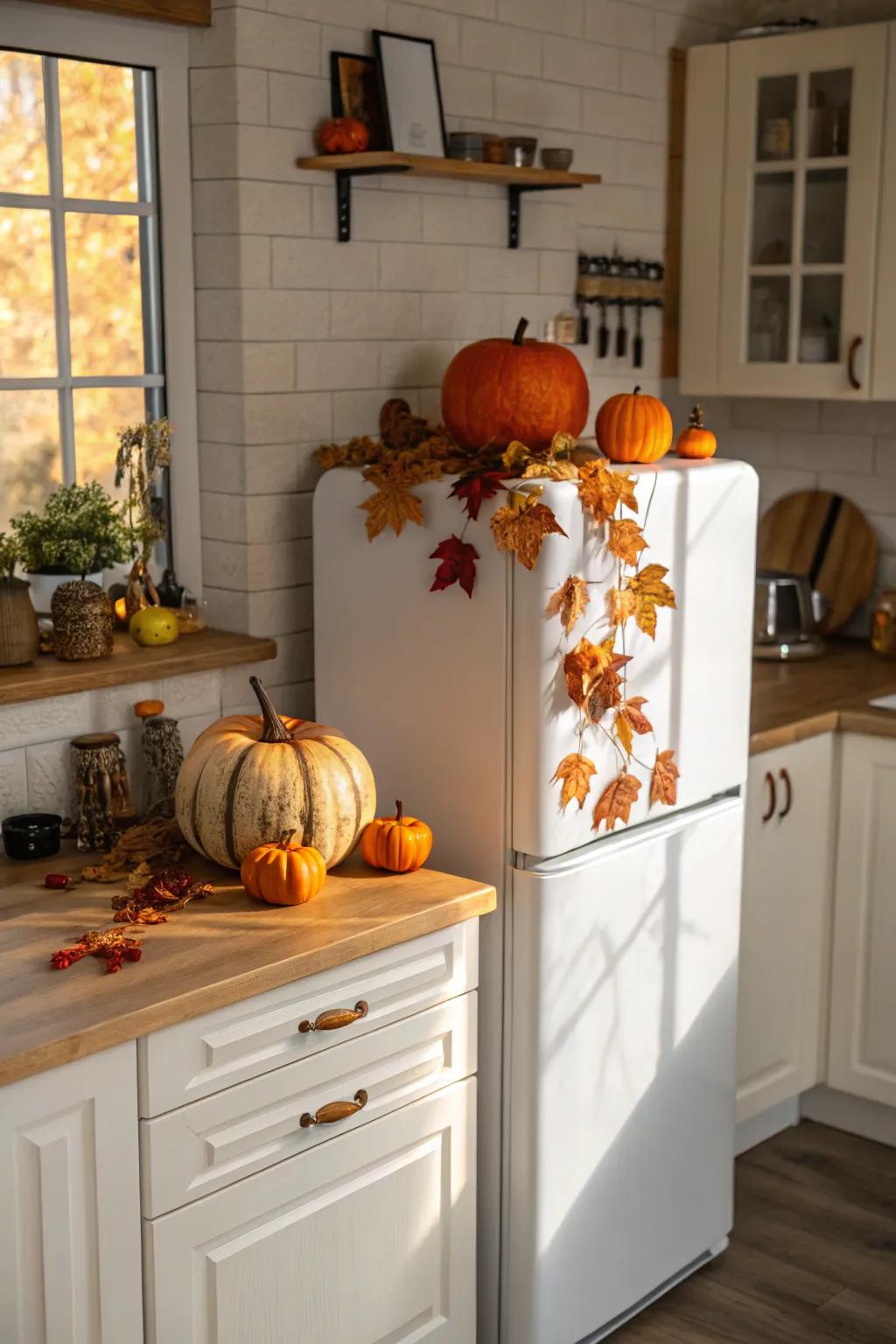 Reflect the changing seasons through inspiring decor above the refrigerator.