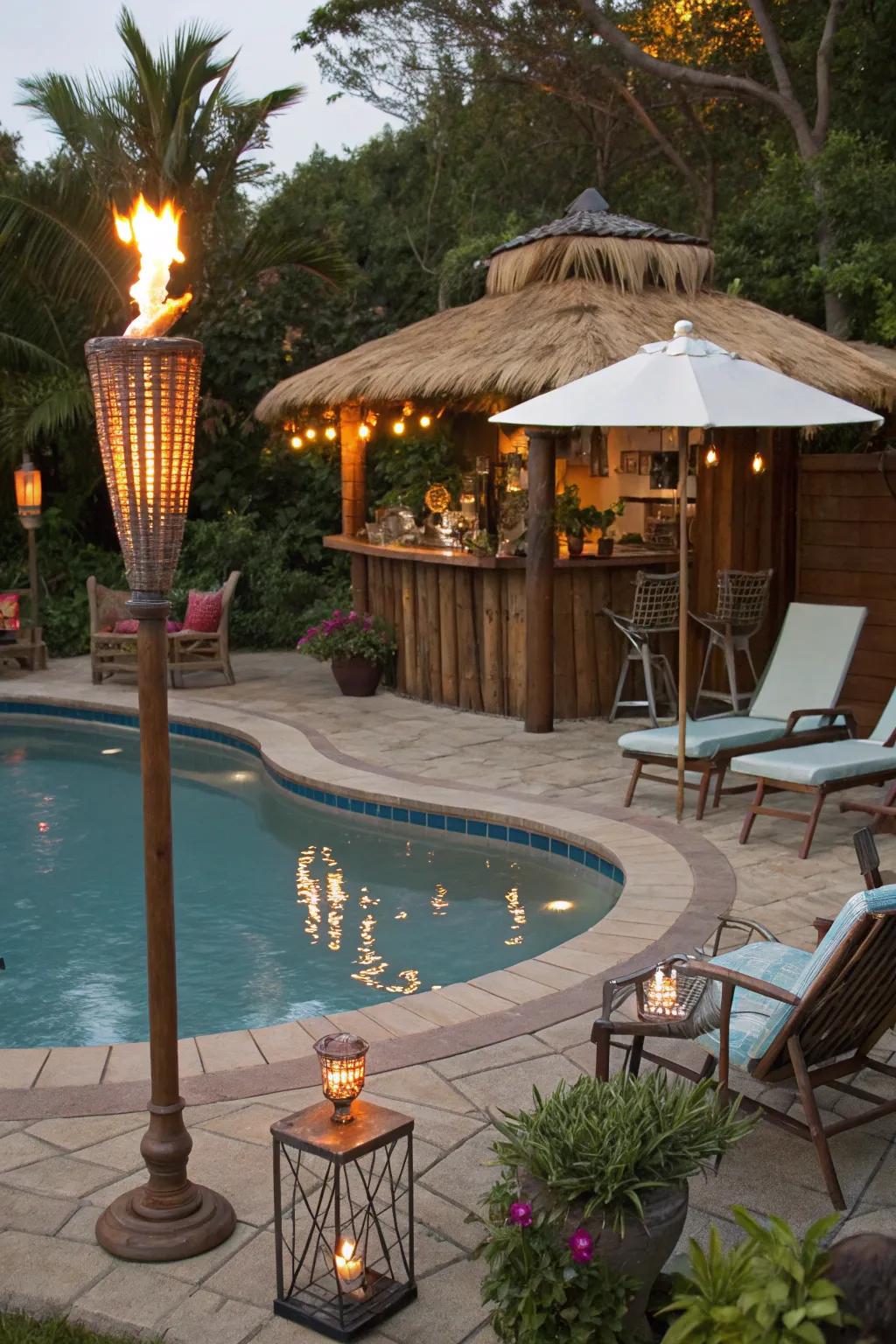 Tiki torches enhance the tropical ambiance of your poolside sanctuary.
