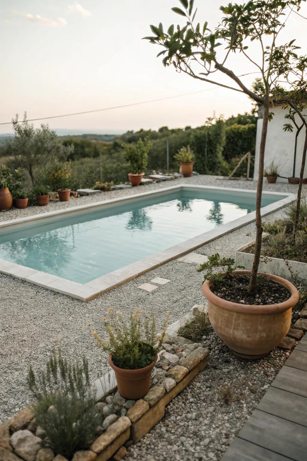 Get a stylish look on a budget using stone chippings and planters.