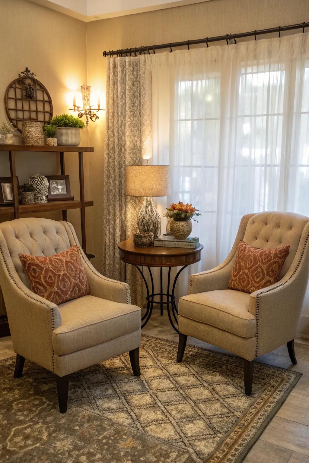 A conversational alcove with two chairs encourages intimate dialogue.